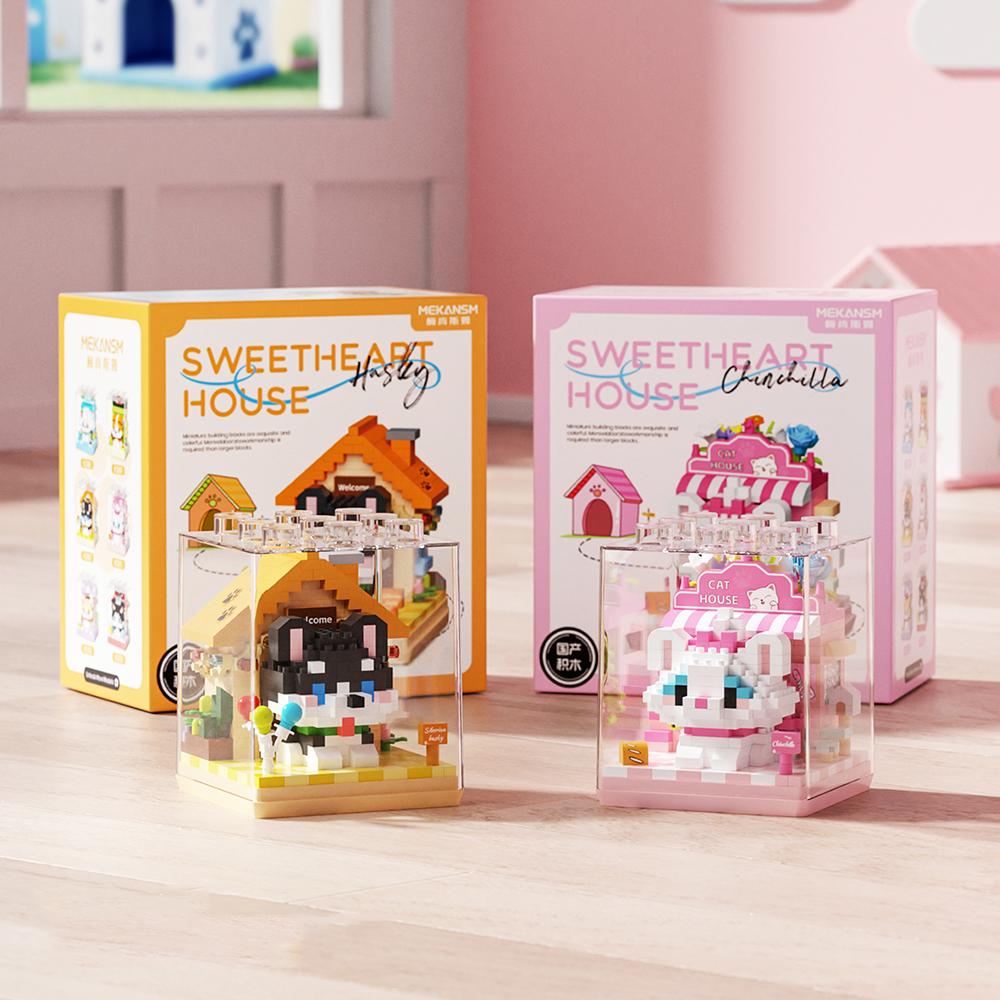 Non-Toxic Cute Mini Dog&Cats Pets House Micro Particle Building Blocks Toys Animals Models Diy Toys Birthday Gifts For Kids