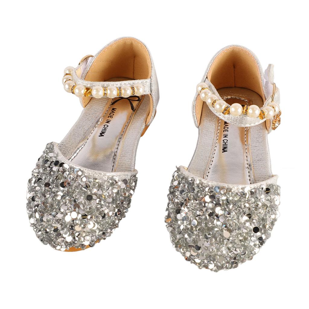 Kid Girl Sequins Faux Pearl Dress Shoes Children Fashionable PU Leather Glitter Flat Shoes for