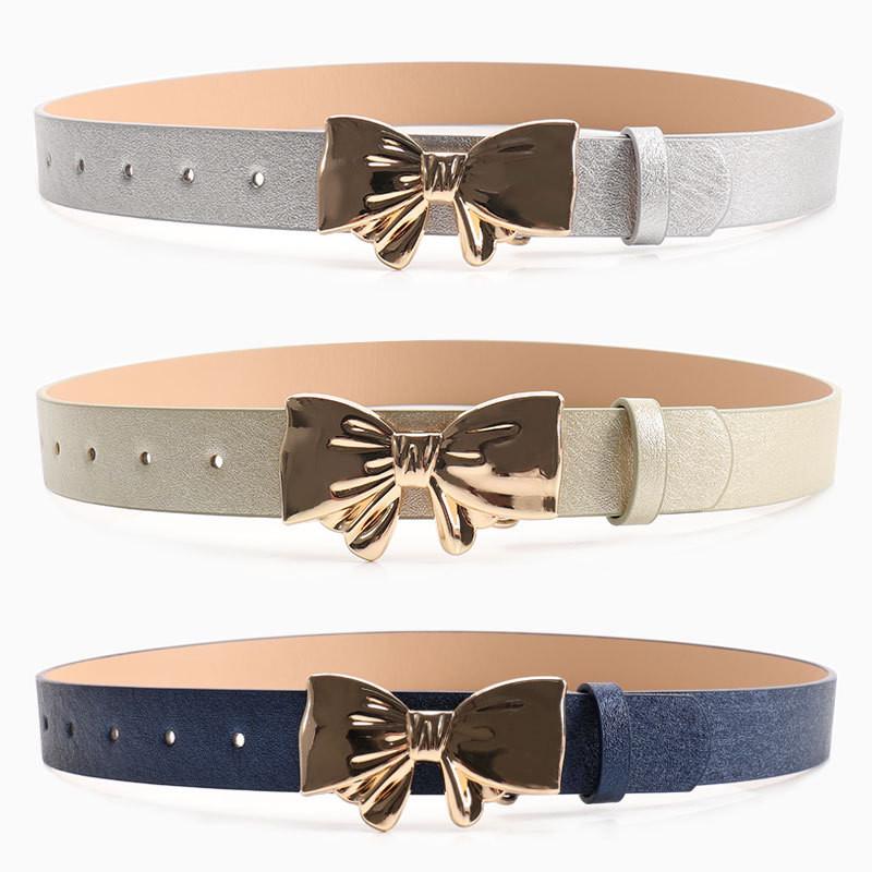 Metal Bow Knot Pu Leather Waist Belt Solid Color Waistband Women Gift Fashion