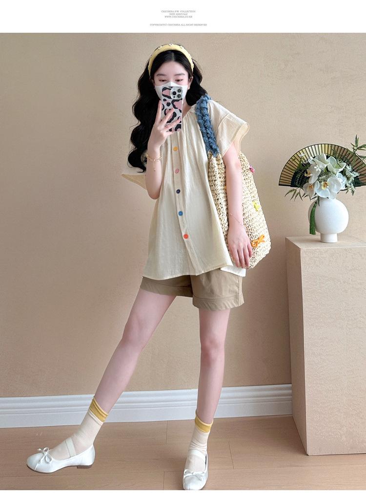 2026 Korean Puff Sleeve Doll Shirt & Belly Support Shorts Set