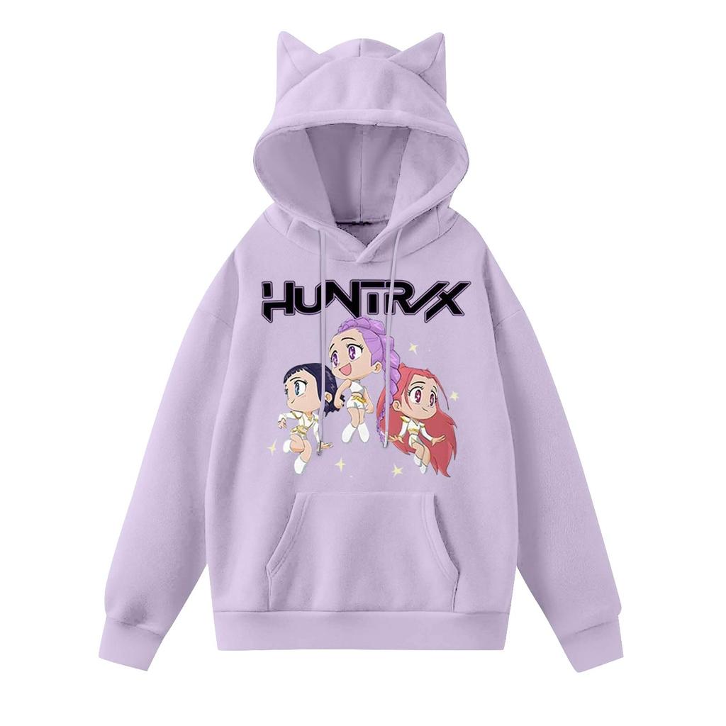 Damemote Casual Langermet trykt Rundhals hettegenser Pullover Topp med lommer