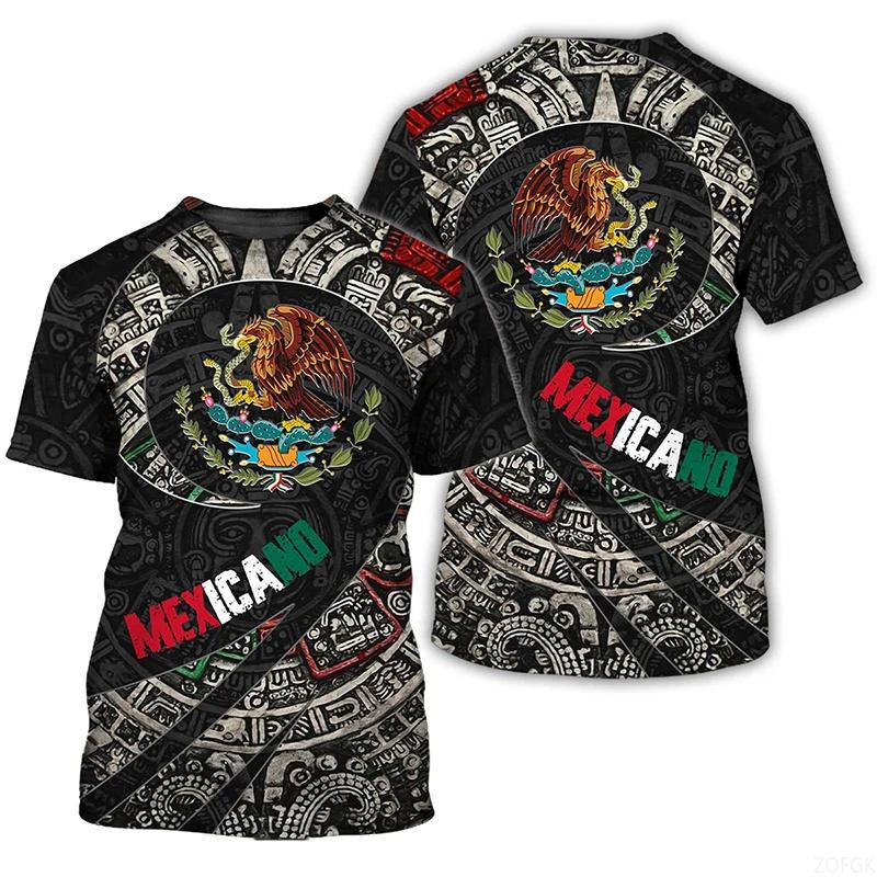 Mexikanische Flagge und Wappen 3D-gedrucktes T-Shirt Herrenmode Street Rundhals Oberteil Sommerlich Lässig Harajuku Kurzarm Kleidung