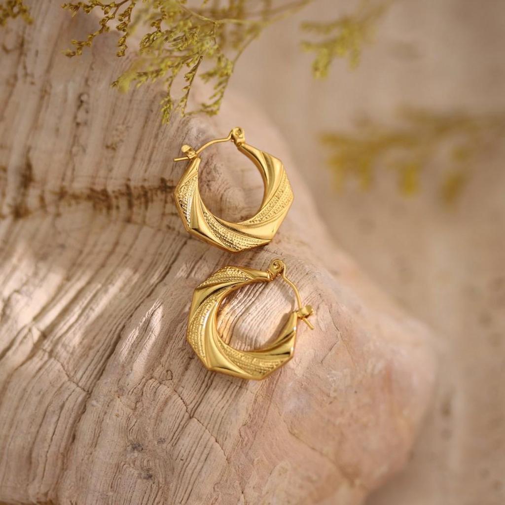 18k Gold-Plated Geometric Hammered Stainless Steel Stud Earrings