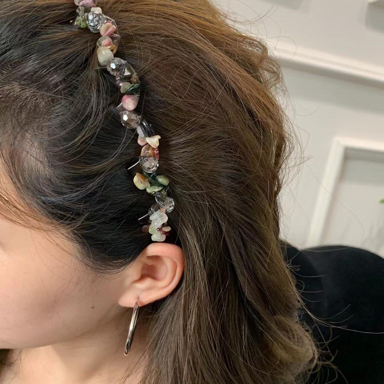 

Корейская легкая роскошь Натуральный камень Бусины Повязка на голову - 2025 Винтажная чувствительная к давлению Тонкая повязка для волос для женщин