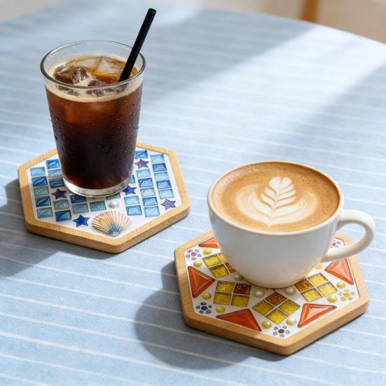 Yousheng 1 Set DIY Mosaic Tile Coaster Set Mixed Color Mosaic Kit with Wooden Coaster Kids Adults Handmade Mosaic Crafts Coaster with Accessories