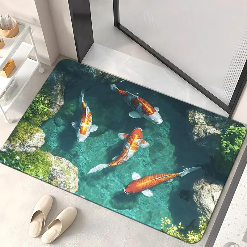 Chinese Lotus and Koi Patterns Carpet 2D Printed Floor Mat with Holes and Fish Schools Living Room Bedroom Kitchen Carpet