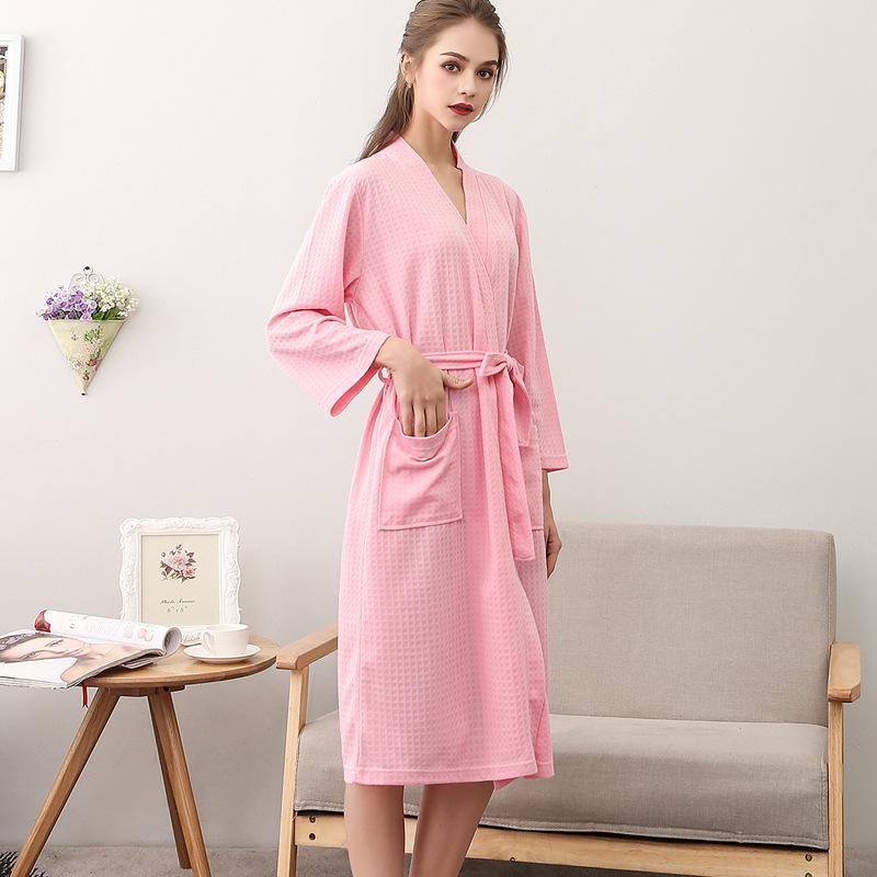 Spring-Summer Waffle Bathrobe: Unisex, Lightweight, 3/4 Sleeves, Korean Style, Absorbent