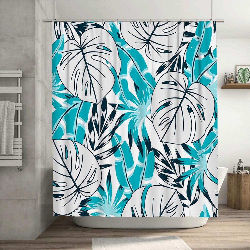 Modern Style Monstera Leaf Print Shower Curtain Blue and White Waterproof Bath Rug Decorative Fabric Liner for Home
