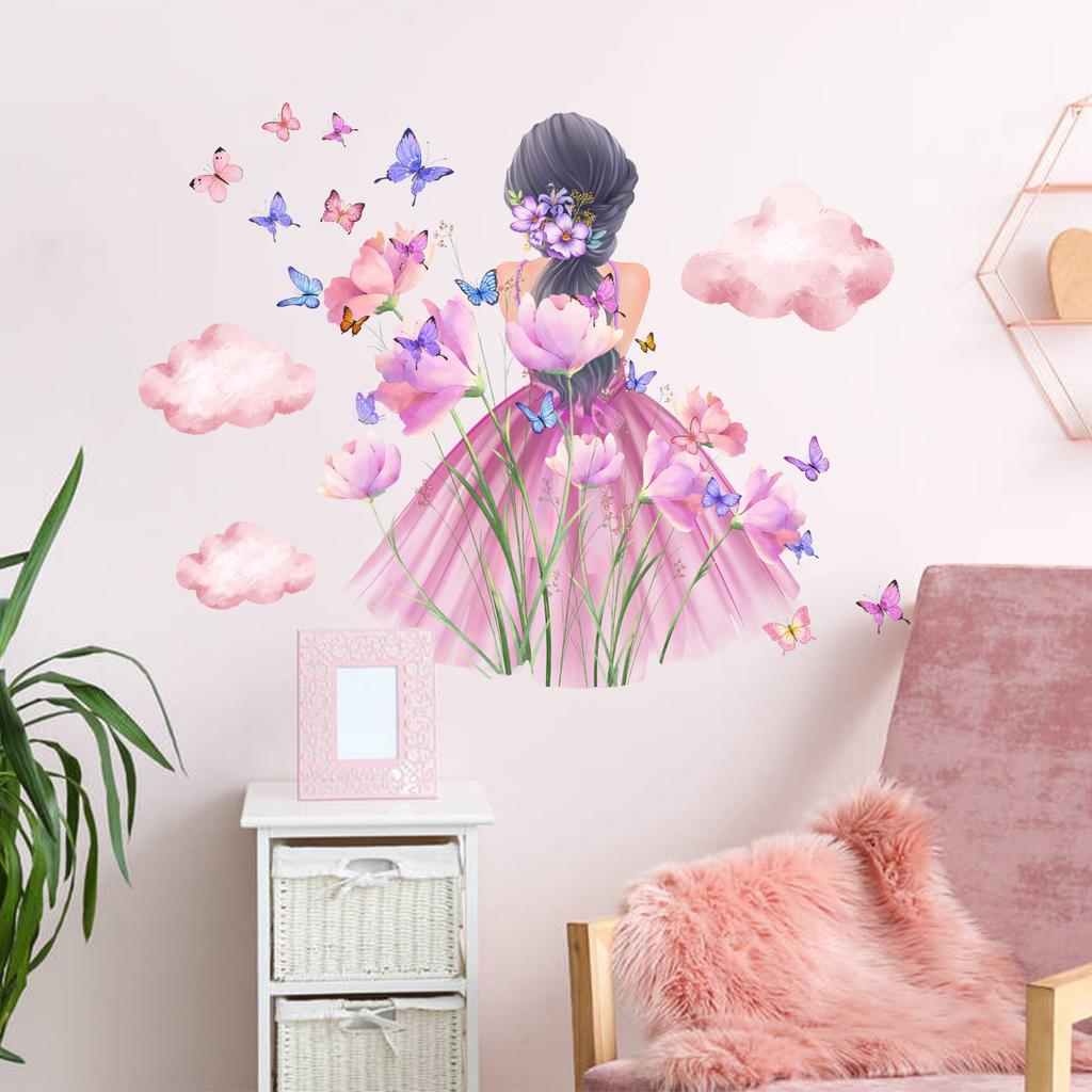 Mädchen Schmetterling Blume Wolken Selbstklebende Wandaufkleber für Zimmer Dekoration Schlafzimmer Aufkleber