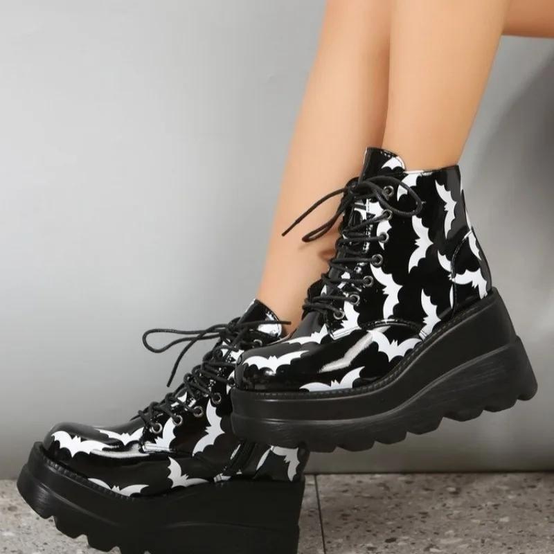 fashion Platform Gothic Ankle Boots Women Lace Up Motorcycle Boots Casual Spring Autumn Halloween Shoes Black High Heel Botas Femenina
