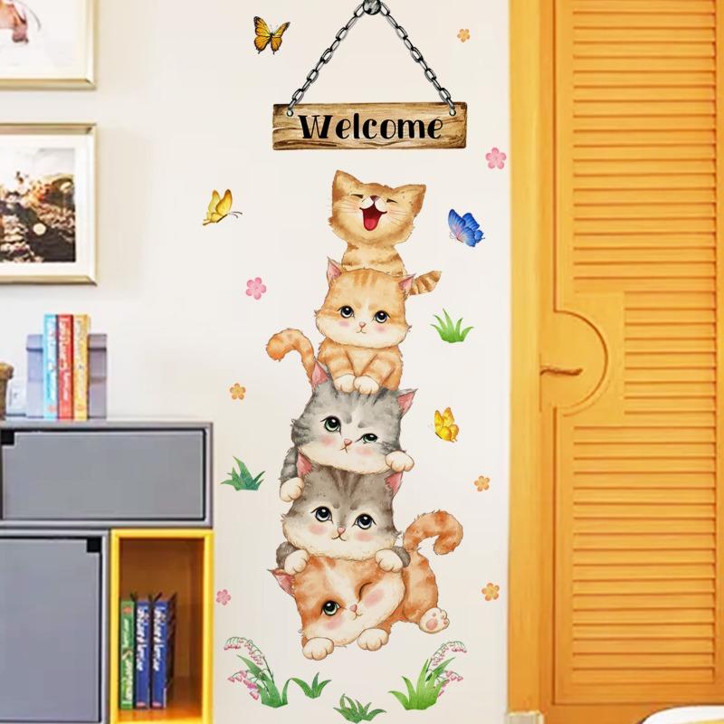 Cartoon Five Cats Welcome Wall Sticker Kids Room Door Decoration Mural Bedroom Entrance Home Decor Self Adhesive Kitty Wallpaper
