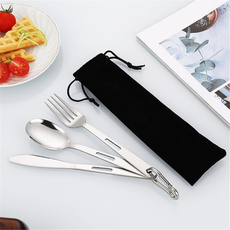 Stainless Steels Utensils Flatware Camping Cutlery Set with Carabiner Fork Spoon Cutter for Outdoor Picnics Hikings