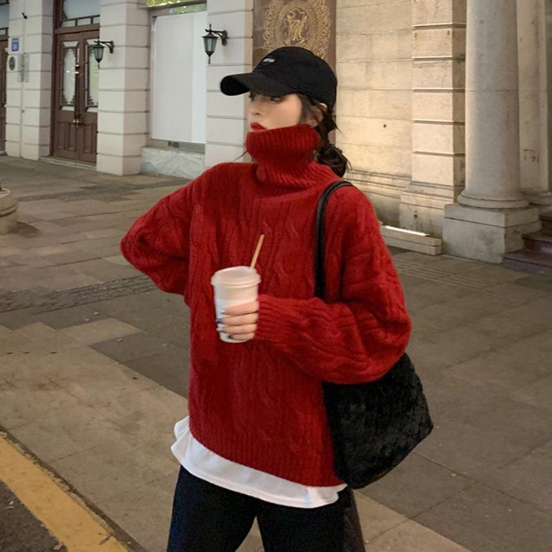 Autumn and winter turtleneck twist sweater women's inner lining solid color casual lazy loose outer top knitted sweater