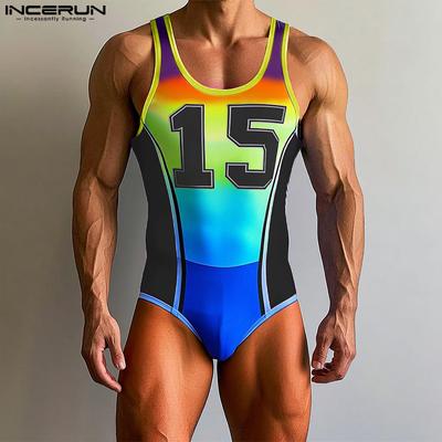 Men Sleeveless Letter Print Fitted Briefs Bodysuits Jumpsuits Underwear