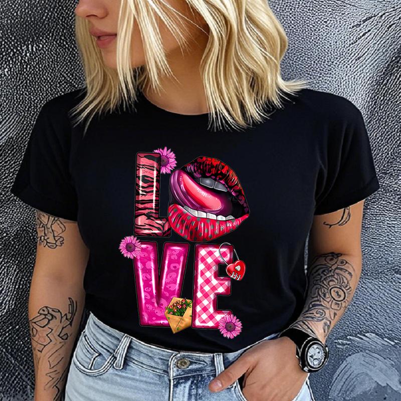 Polyester 100% Lip Love Men's and Women's Short-sleeved Clothing Round Neck Short Sleeve T-shirt, Knit Graphic Women Clothes Summer
