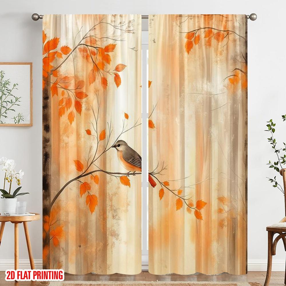 2 Stück, 2D-Flachdruckmuster Vorhänge Herbst Singvogel 100% Polyester (ohne Stange) Alle Jahreszeiten Perfekt für Schlafzimmer Wohnzimmer