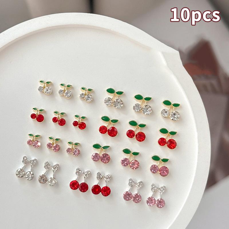 10 Pcs Cherry Nail Rhinestone 3D Cherry Charm Red Fruit Diamond Crystal Jewelry Y2K Alloy Nail Gems For Women Manicure