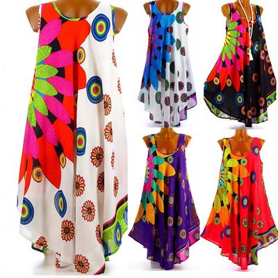 Damen Sommer-Rundhalsausschnitt, ärmelloses Boho-Kleid, bedrucktes Strandkleid