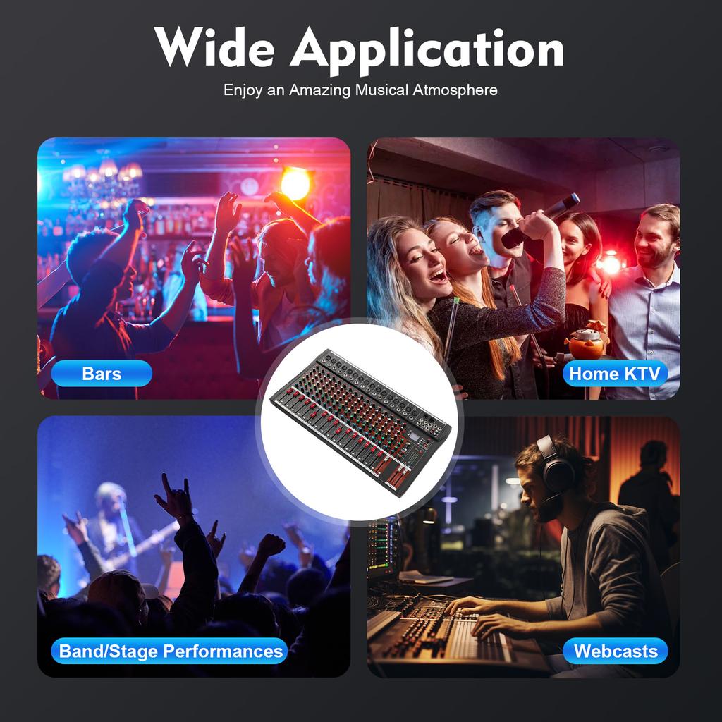 16-Channel Audio Mixer with Bluetooth,48V Phantom Power,6 Sound Styles,Real-Time Monitoring for Home KTV,Live Streaming,Stage