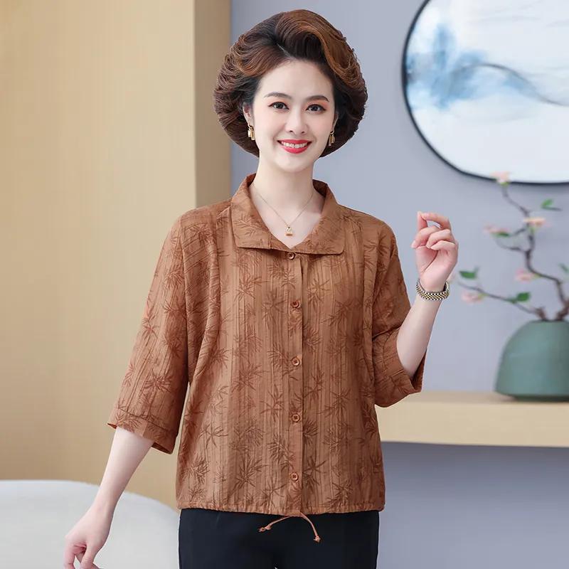 

Summer Women Middle Aged Floral Embroidery 3 4 Sleeve Button Down Shirt XL коричневый