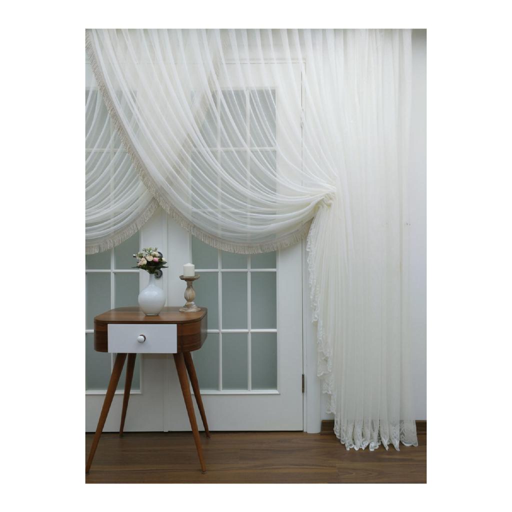 Speziell gestrickter, strukturierter Cruve-Tüllvorhang – inklusive Fransen, 400 x 260, Krawatte, 1/4