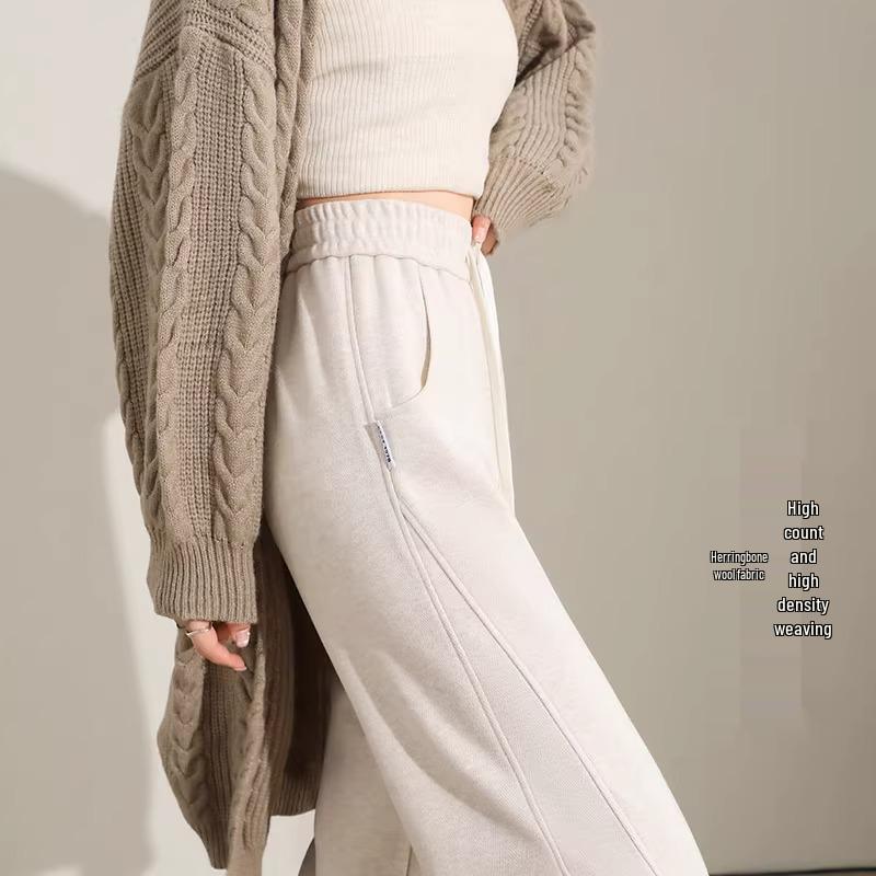 Oatmeal Herringbone Fleece Wide-Leg Pants for Women - Autumn/Winter Slim Fit