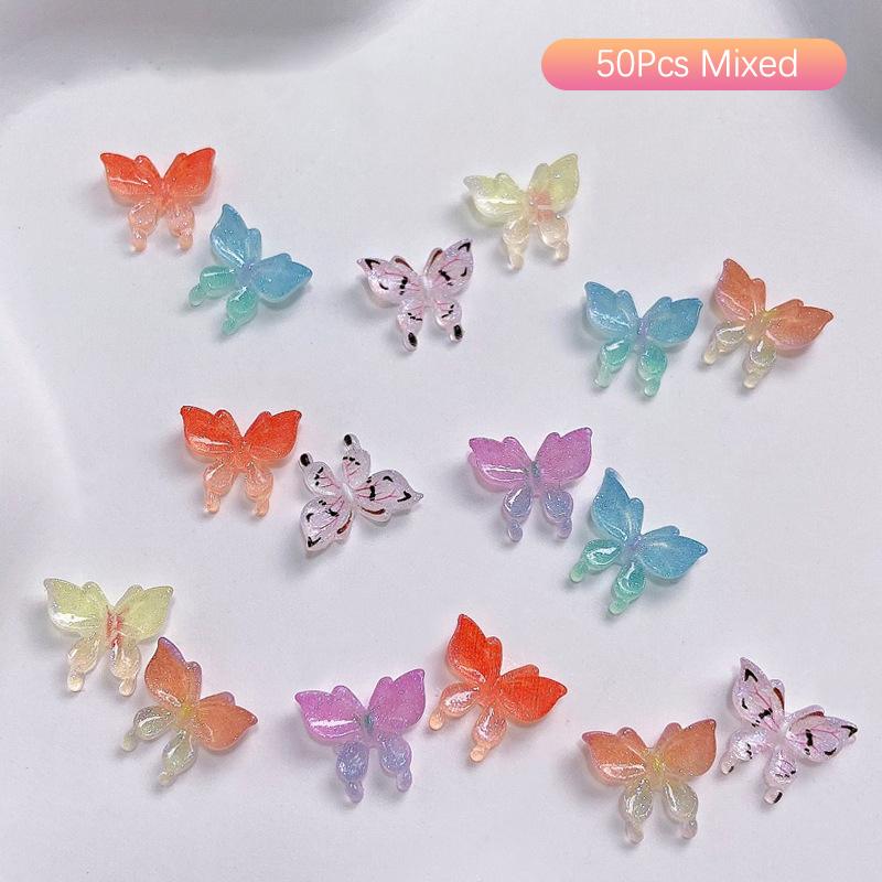 

50Pcs 3D Flowers Butterfly For Nails Charms Gradient Ice Translucent Flower Nail Charms Luminous Decoration For Nails Design