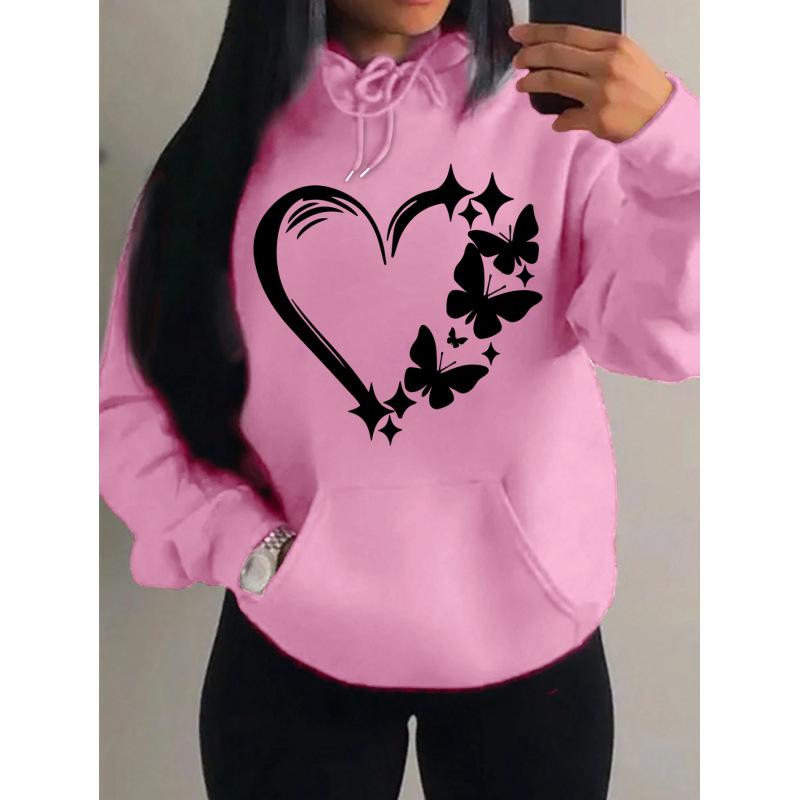 European & American Style Love Heart Butterfly Print Women's Hooded Sweatshirt - Trendy Street Style Pullover