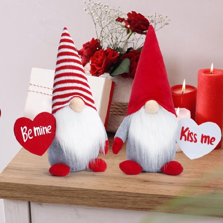 Sweet Love Heart Gnomes Elf Plush Dolls with Striped Hat Stuffed Dwarf Figurine Ornament for Couples Valentines Gift