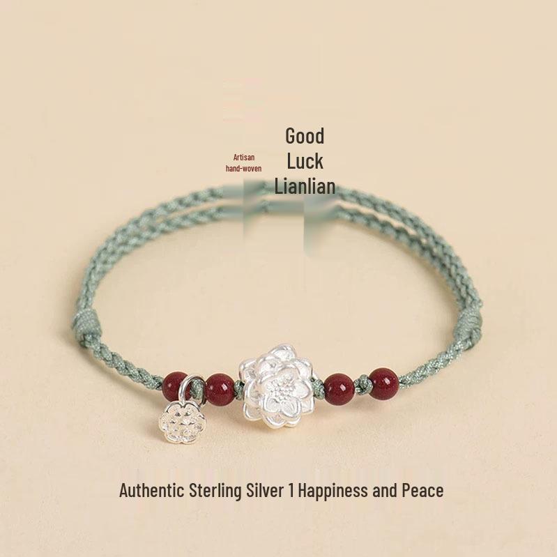 Sterling Silver Lotus Red String Bracelet - Women s Chinese Retro Beads Zodiac Hand Ornament. зелёный