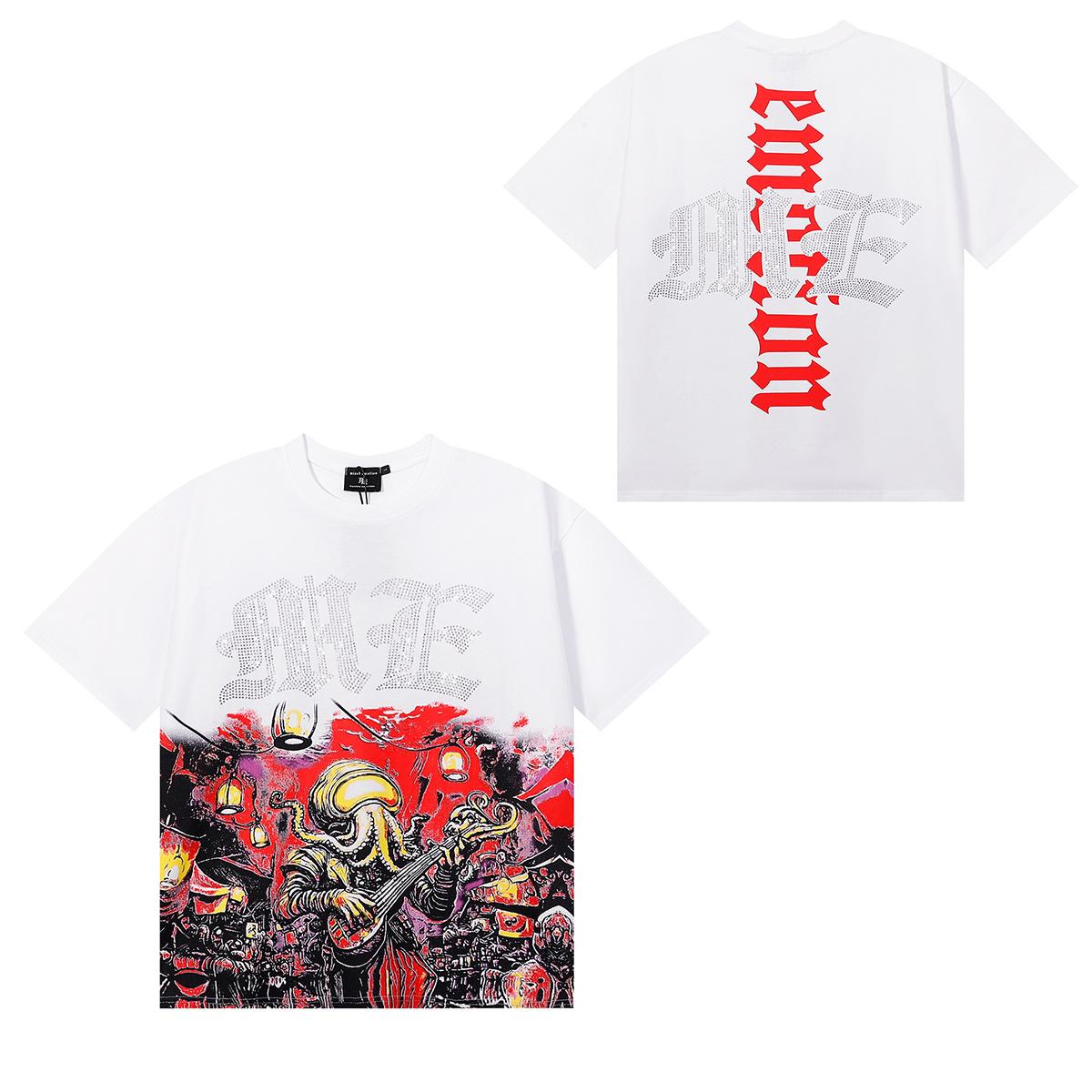 Summer Men s and Women s  EMOTIONS NEVER DIE  Octopus Hot Diamond T-Shirt, Gothic Letter Graphic Streetwear Tee S