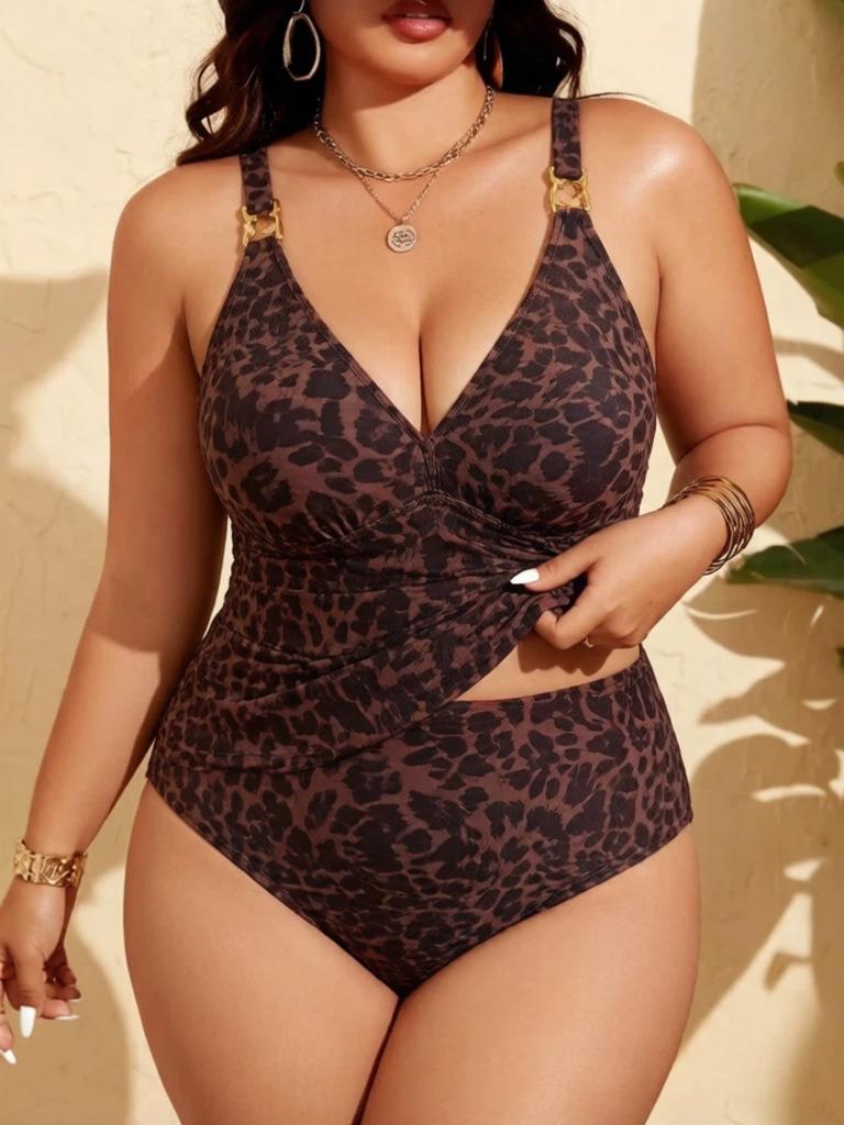 Europe and America 1011 new leopard print split two-piece large size swimsuit women's deep V high waist bikini swimsuit