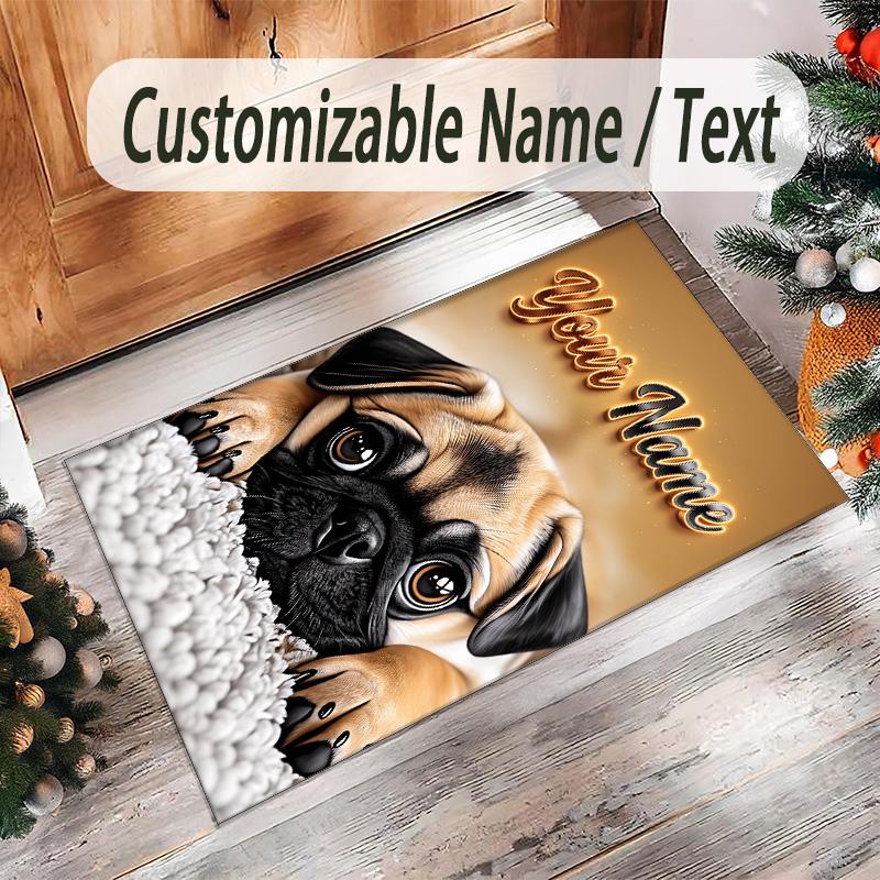 Pug Theme Crystal Velvet Floor Rug Personalized Custom Name Text Warm Carpet Home Decoration