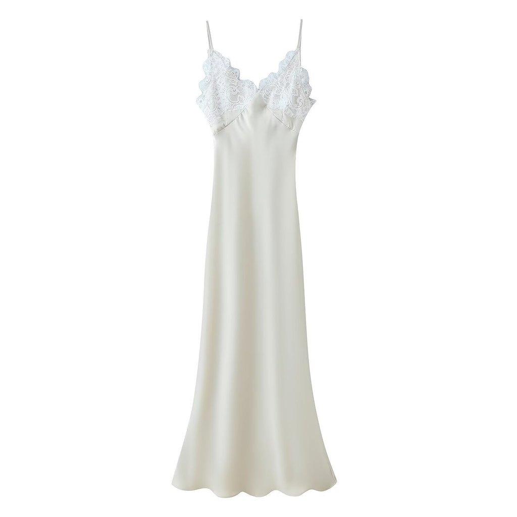 Langes Kleid mit Satin-Spitzenbesatz und hoher Taille für den Frühling