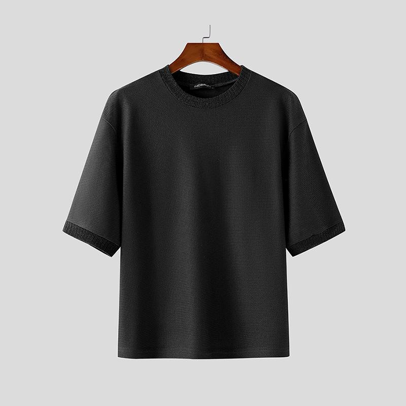 INCERUN Summer Men O-Neck Short Sleeve Stitching Texture Hollow Casual Loose Tops T-shirts
