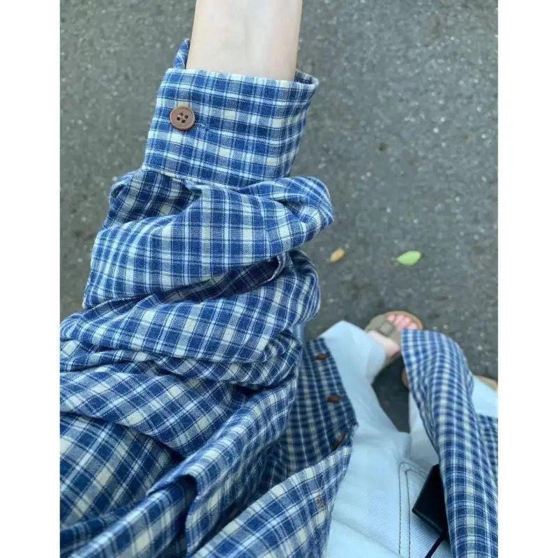 2025 Women's Retro Blue Plaid Shirt Jacket - Loose Fit, Long Sleeve for Spring & Autumn