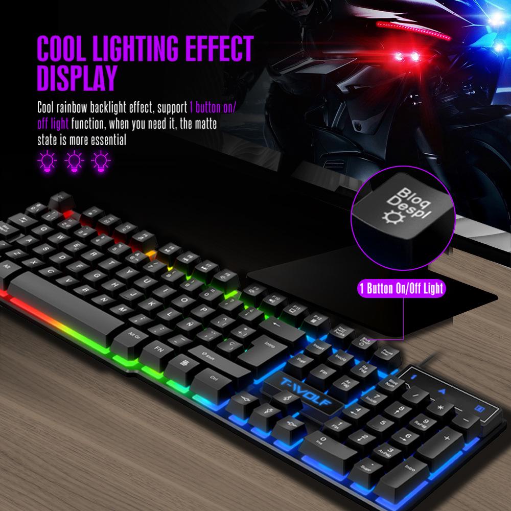 T-WOLF T20 Thunderwolf Backlit Gaming Keyboard - Wired, Multilingual (Arabic, Spanish, Russian).