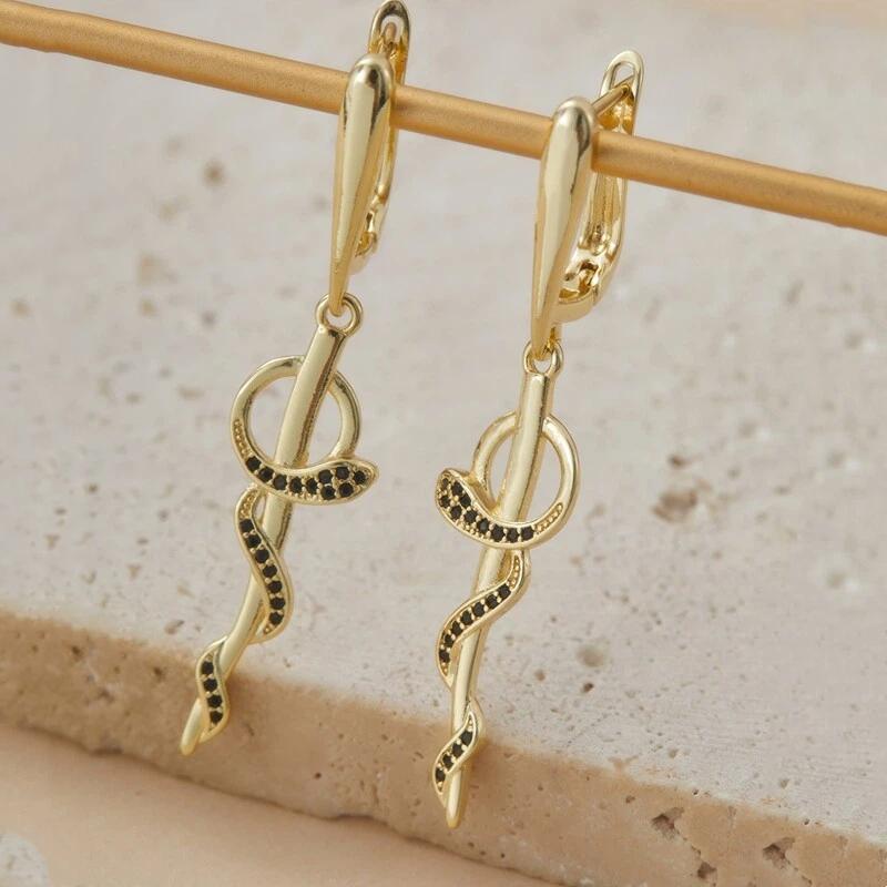 1 Pair Vintage Bohemian Style Black Zircon Snake Drop Earrings For Women Gold Color Vintage Animal Daily Punk Jewelry
