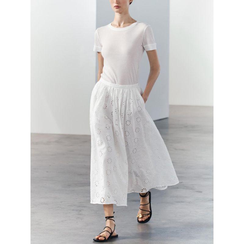 Za2024 Summer New Product Women's Clothes Pure Color Elastic Waist Skirt Cut Out Embroider Skirt 3370011 250