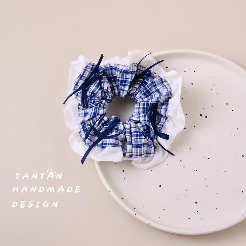 Blue & White Floral Plaid Hair Tie with Lace Trim Bow for Double Ponytails One Set