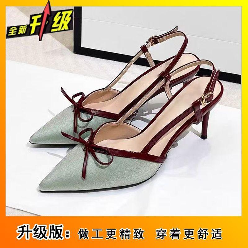 2025 spring and summer new niche pointed head bow high heel women's shoes fashionable versatile and comfortable bag head sandals women