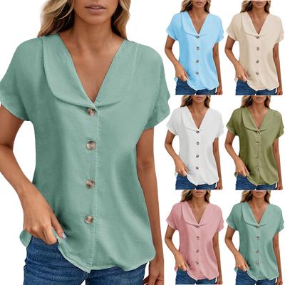 Women Summer  Top Short Sleeve  Fit Shirt Spring Fashion Casual Clothes Shirt Solid Color  V-neck Button Cardigan Short-sleeved Top