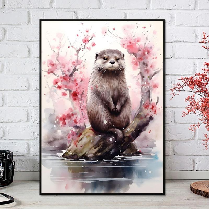 Aquarell-Poster mit Tieren, rosa Blumen, Eule, Hirsch, Pferd, Otter, Tiger und Koala – Leinwandbild, Wanddekoration für Wohnzimmer und Zuhause