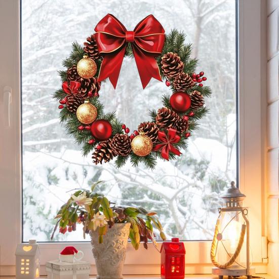 Yousheng Christmas Stickers Wreath Wall Decals Red Bow Pinecone Patterns Stickers Removable PVC Holiday Decor for Living Room Bedroom Office