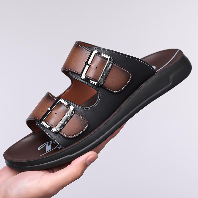 Fashion Double Buckle Designer Leather Slippers for Men Summer New Fashion Casual Dress Slipper Man Soft-soled Breathable Beach Shoes