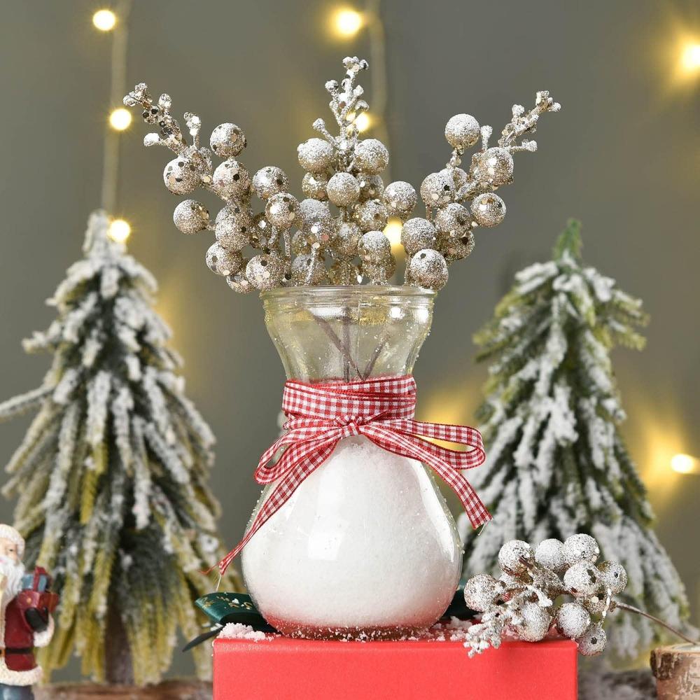 16 Pack Christmas Glitter Berries Stems, 8" Artificial Christmas Picks Snowy Berry Stems for Christmas Tree Ornaments, DIY Xmas Wreath, Crafts,Holiday