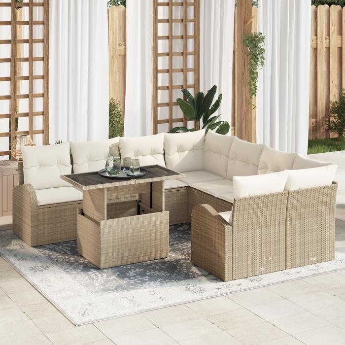 Ensemble de canapés de jardin 9 pièces avec coussins beige poly rotin, Canapé de jardin 2 places avec rangement et coussins 3357354