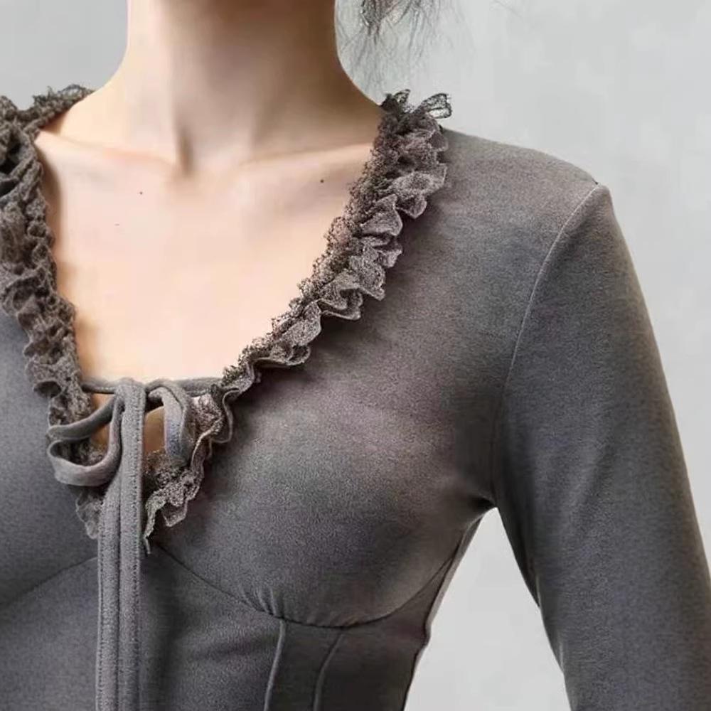 Women's Chic Lace-Up V-Neck Long-Sleeve Slim Fit Fleece Top