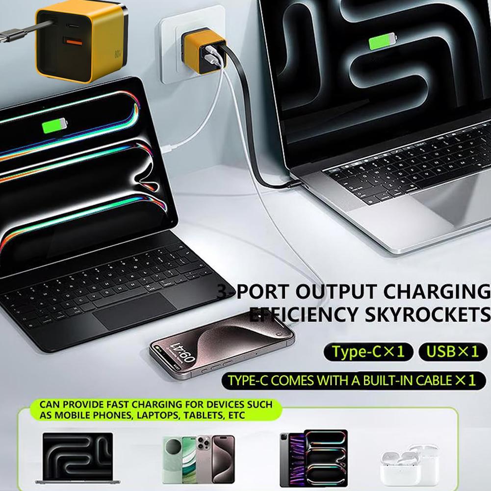 3-in-1 GaN-Ladegerät mit Typ-C-Kabel & 2 USB-Anschlüssen Skalierbar 80W Max Schnellladegerät-Modul Wandladegerät für Smartphones und Laptops