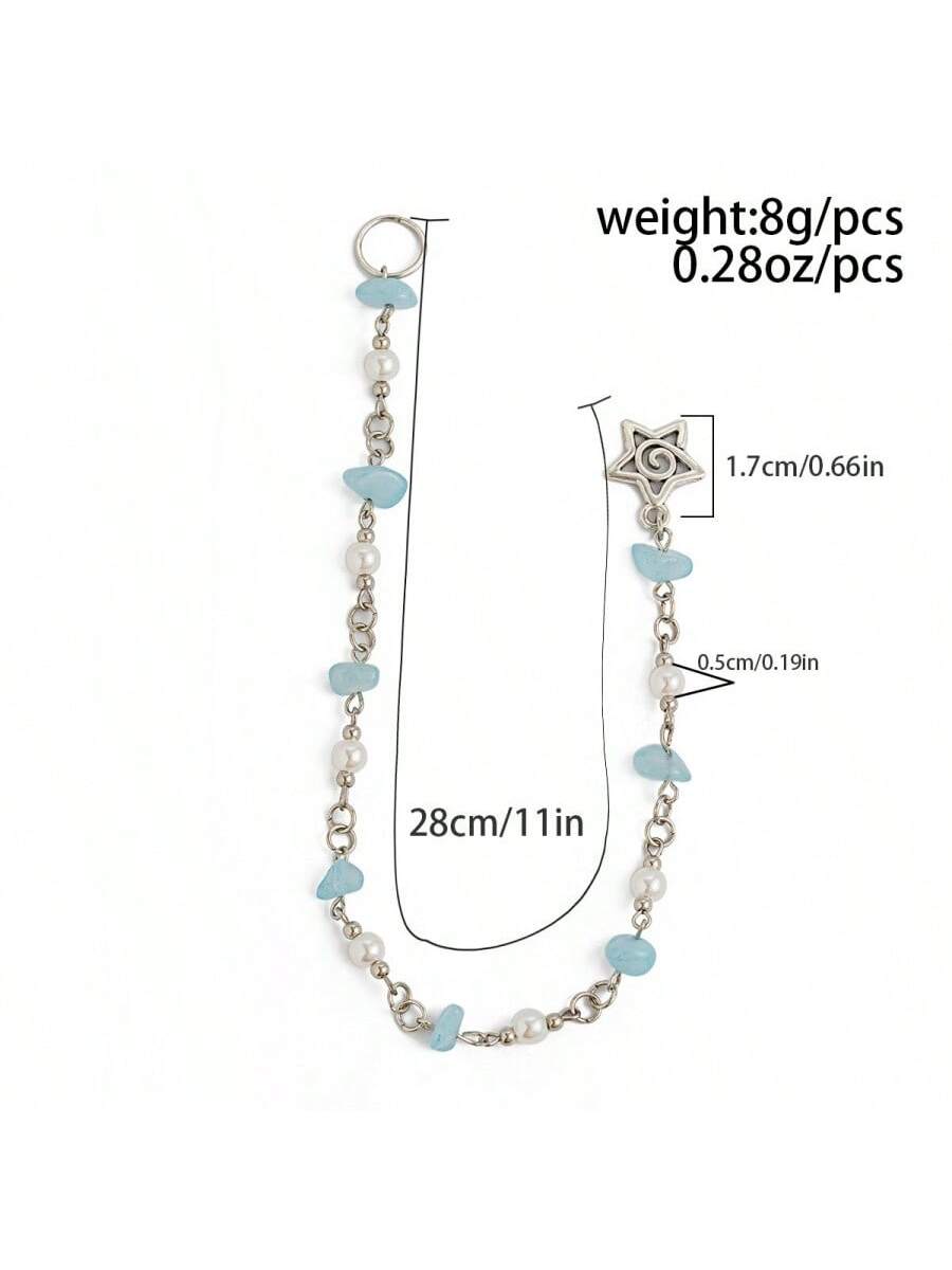 

Holiday-style natural stone long-length pebble hair chain - Butterfly star messy braid headpiece небесно-голубой